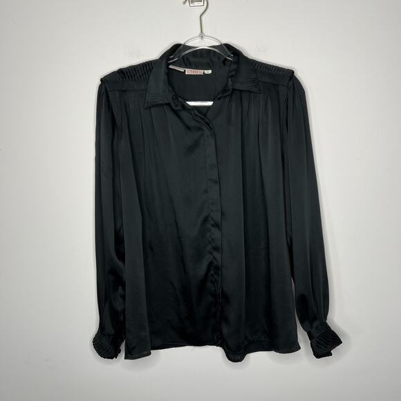Vintage Tess Shirt Womens 8 Black Pleated Shoulder Cuff Button Up Blouse 80s - Picture 1 of 11